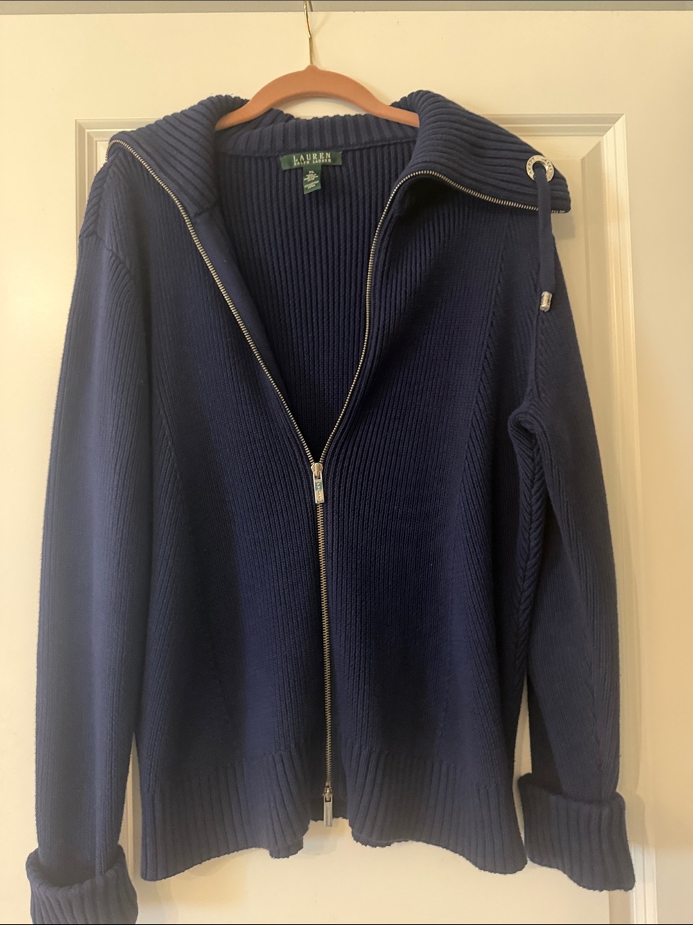 Lauren Ralph Lauren Navy Full-Zip Ribbed Knit Sweater